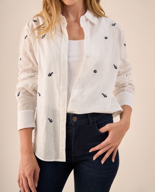 Camisa con Bordados Florales Azules