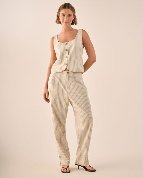 Pantalón Recto Rayas Beige con Detalle Dorado