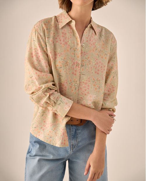 Camisa Floral Rosa Claro Manga Larga