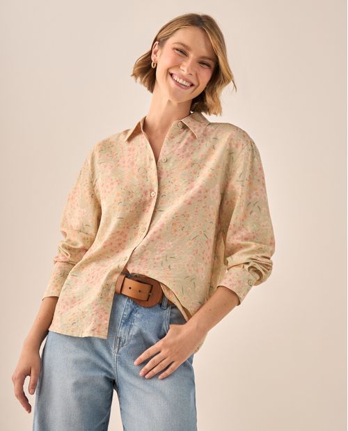 Camisa Floral Rosa Claro Manga Larga