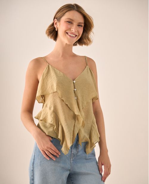 Blusa Beige con Volantes y Botones Nacarados