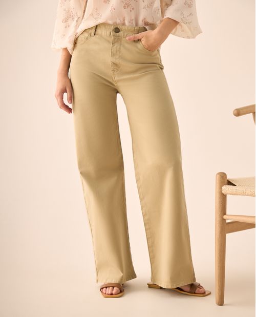 Pantalón Wide Leg Beige con Tiro Alto