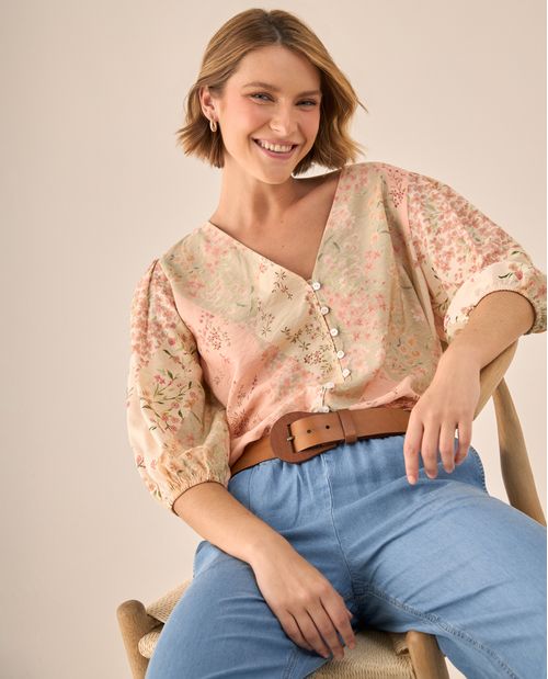 Blusa Floral Patchwork Rosa Manga 3/4