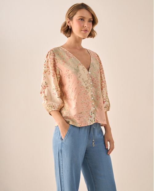 Blusa Floral Patchwork Rosa Manga 3/4