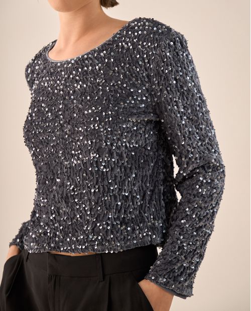 Camisa Lentejuelas Gris Plata Brillante