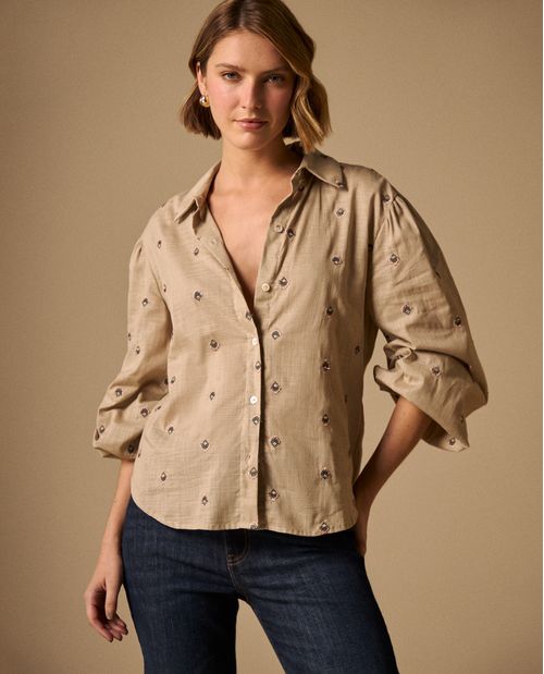 Camisa Estampada Flores Pequeñas Manga 3/4