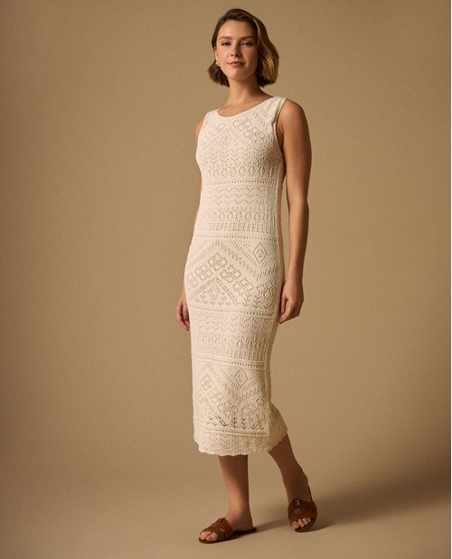 Vestido Midi Tejido Calado con Cordón Espalda