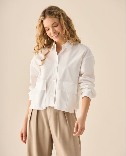 Camisa manga larga con bolsillos de tapa para mujer