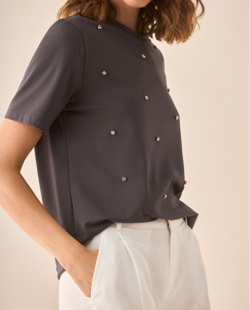 Camiseta manga corta con apliques de piedra para mujer