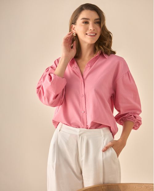 Camisa manga larga con recogido en los hombros para mujer