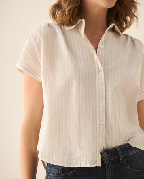 Camisa a rayas con recogido en hombros y posterior para mujer