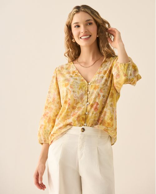 Camisa de diseño abierto con estampado de flores para mujer