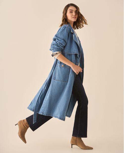 Abrigo en denim tipo trench con cinturón para mujer