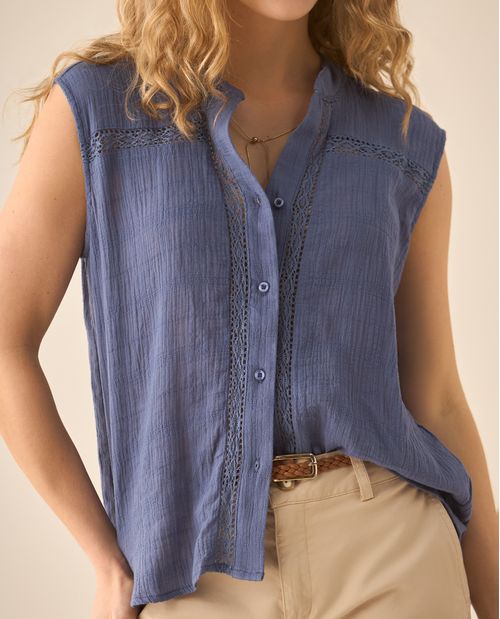 Camisa manga sisa con cortes tejidos para mujer