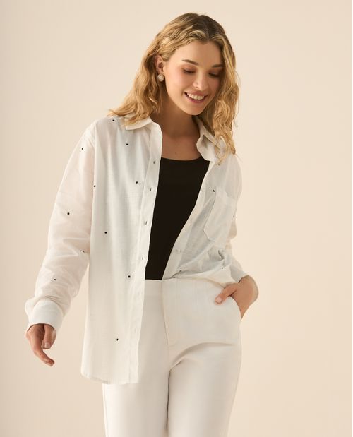 Camisa manga larga con print de lunares bordados para mujer