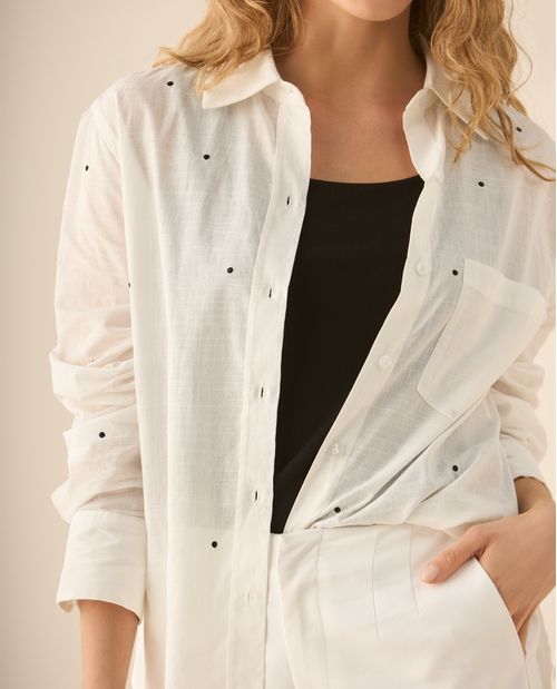 Camisa manga larga con print de lunares bordados para mujer