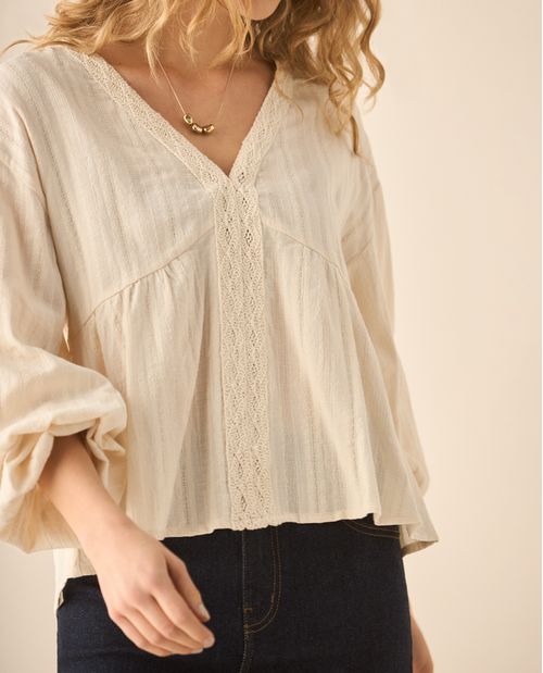 Camisa manga larga con volumen y detalles en crochet para mujer
