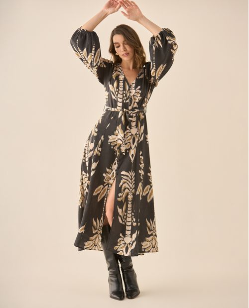 Vestido largo estampado con cinturón para mujer