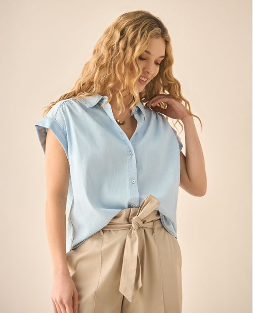 Camisa en índigo con recogido en hombros para mujer