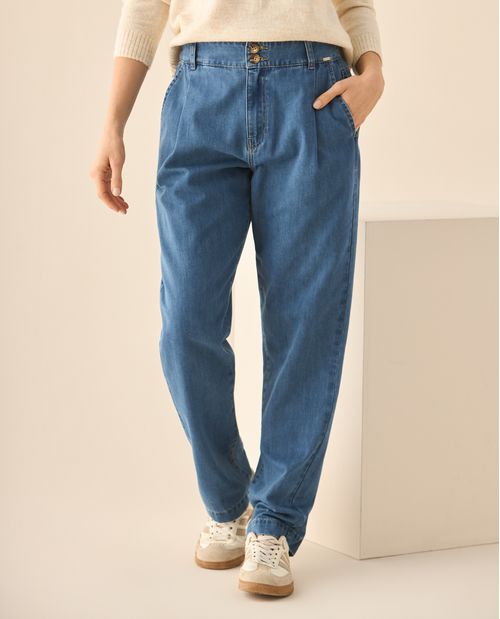 Jean tono medio con pretina lisa para mujer
