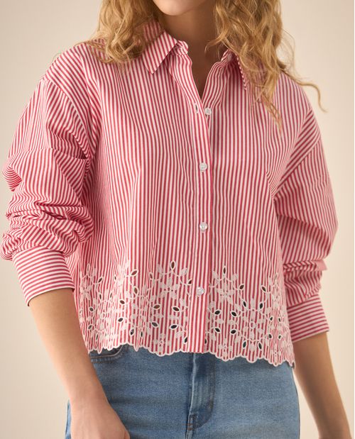 Camisa de diseño a rayas con bordado de flores para mujer