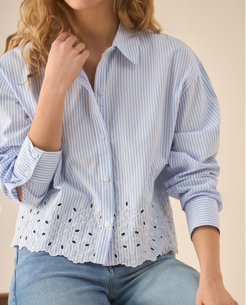 Camisa de diseño a rayas con bordado de flores para mujer