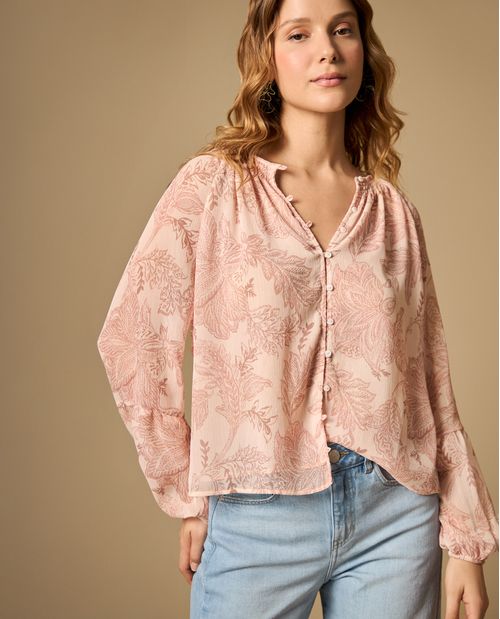 Camisa manga larga con mangas abullonadas y cuello redondo