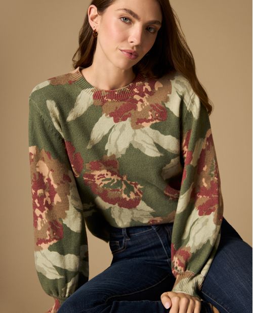 Suéter tejido cuello redondo con diseño floral