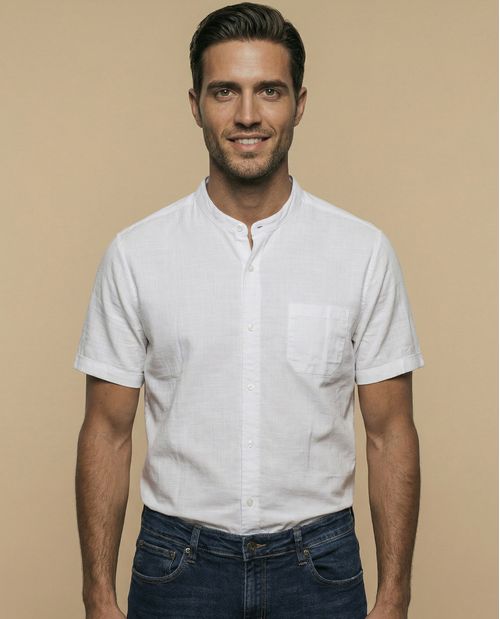 Camisa manga corta cuello mao con bolsillo