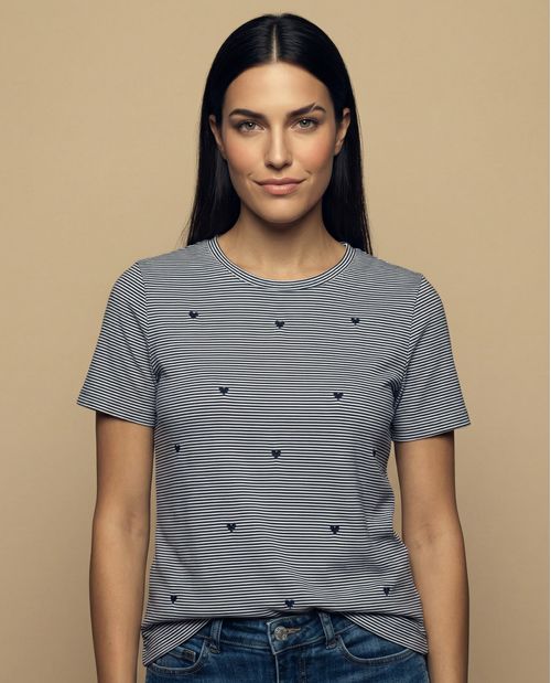 Camiseta manga corta con rayas y bordado de corazones