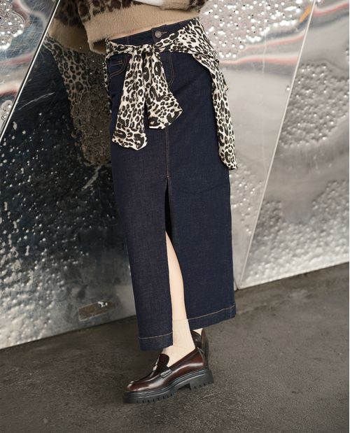 Falda larga denim línea A con abertura frontal