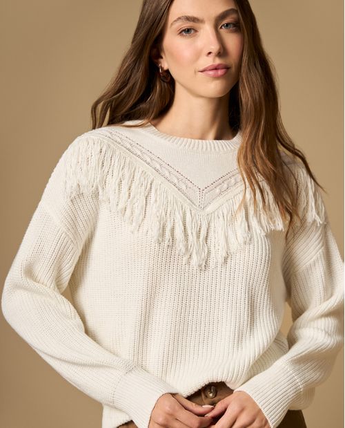 Suéter tejido con flecos estilo chaleco cuello media perilla