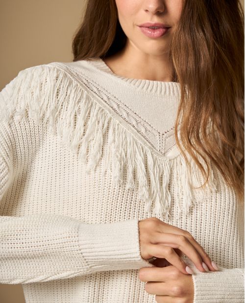 Suéter tejido con flecos estilo chaleco cuello media perilla