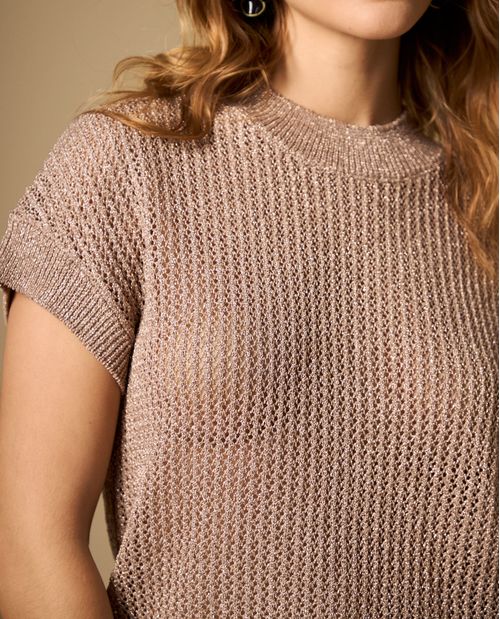 Camiseta tejida con hilos metálicos manga larga cuello redondo