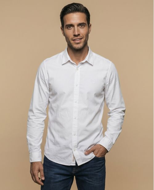 Camisa slim fit manga larga con bordado de laurel para hombre