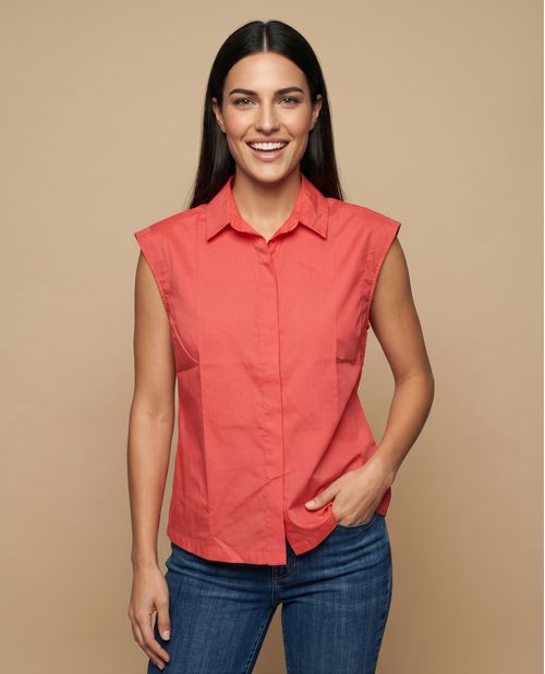 Camisa manga corta cuello camisero en algodón