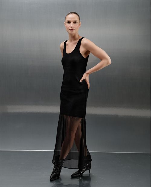 Vestido midi manga sisa con acabo translúcido