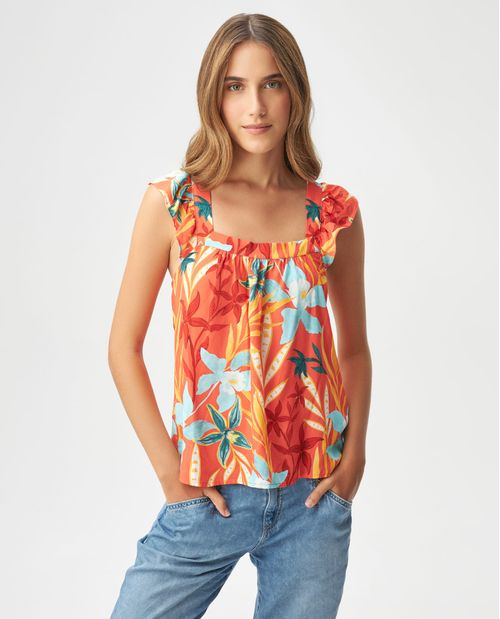 Camisa para mujer con boleros y estampado tropical
